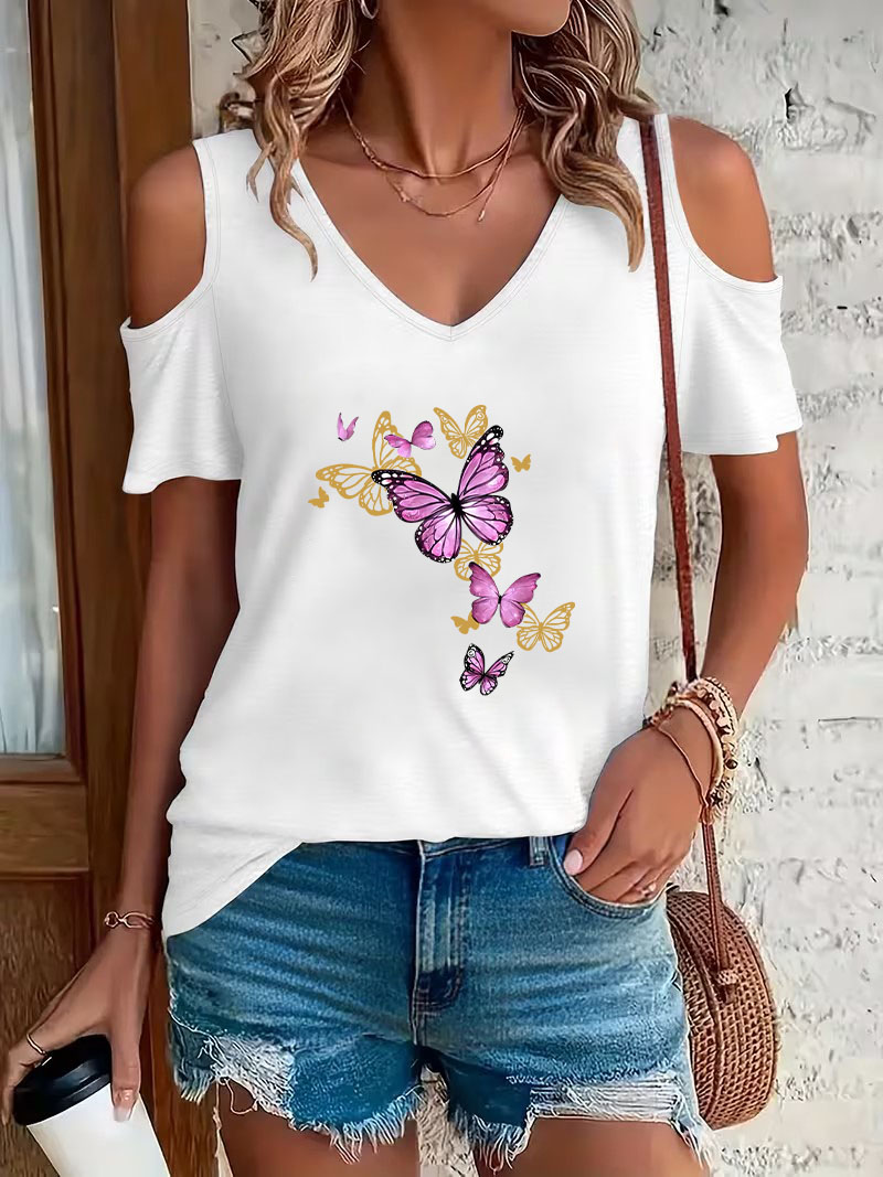 Summer Clothing Drop - T-shirt tendance à imprimé papillon, col